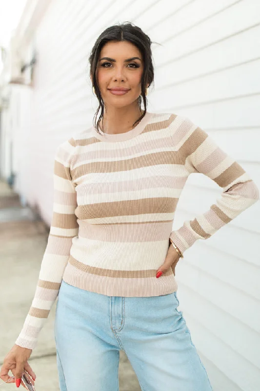 See It Through Pink And Brown Striped Fitted Sweater