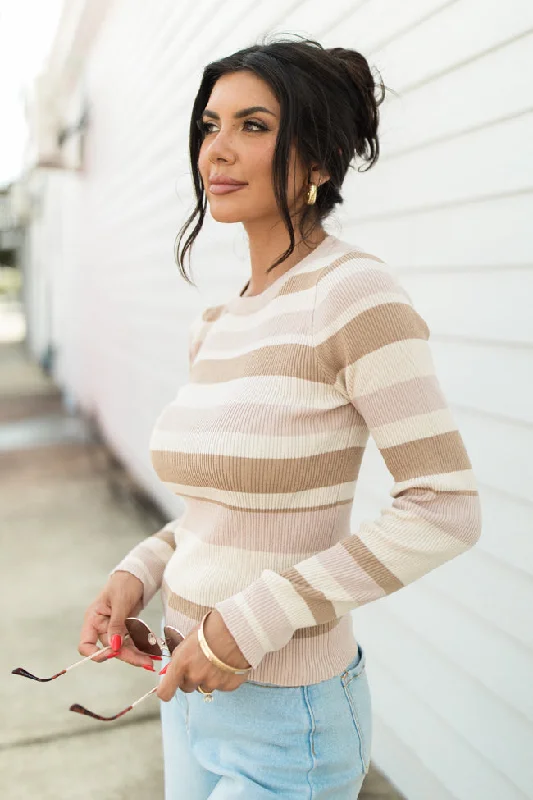 See It Through Pink And Brown Striped Fitted Sweater