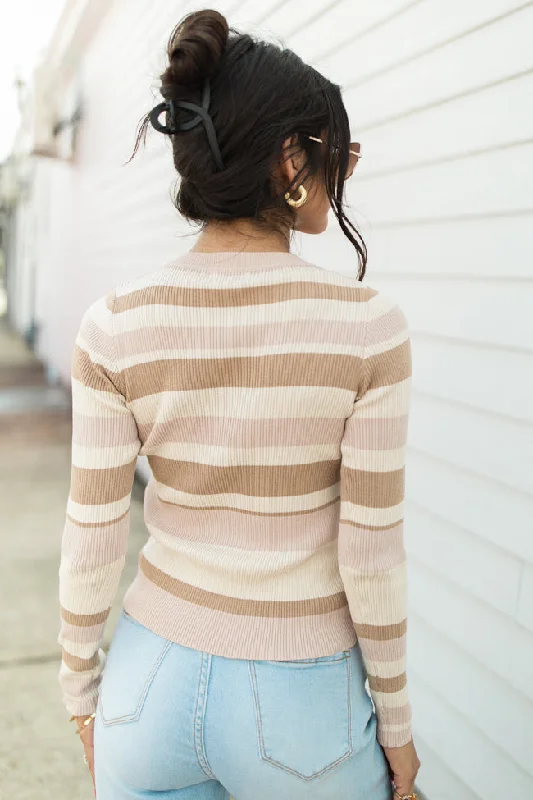 See It Through Pink And Brown Striped Fitted Sweater